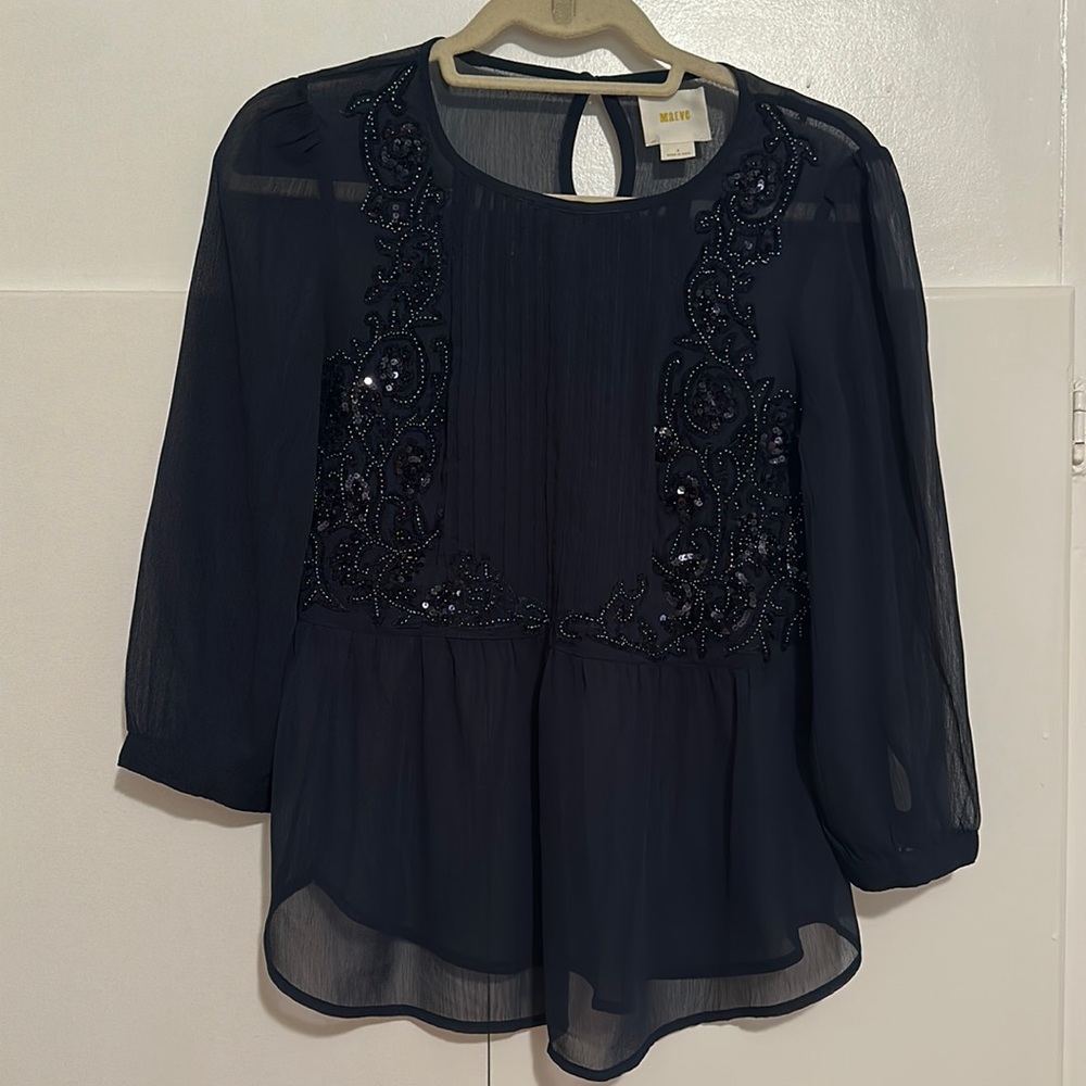 Maeve Dark Blue Embellished Chiffon Blouse